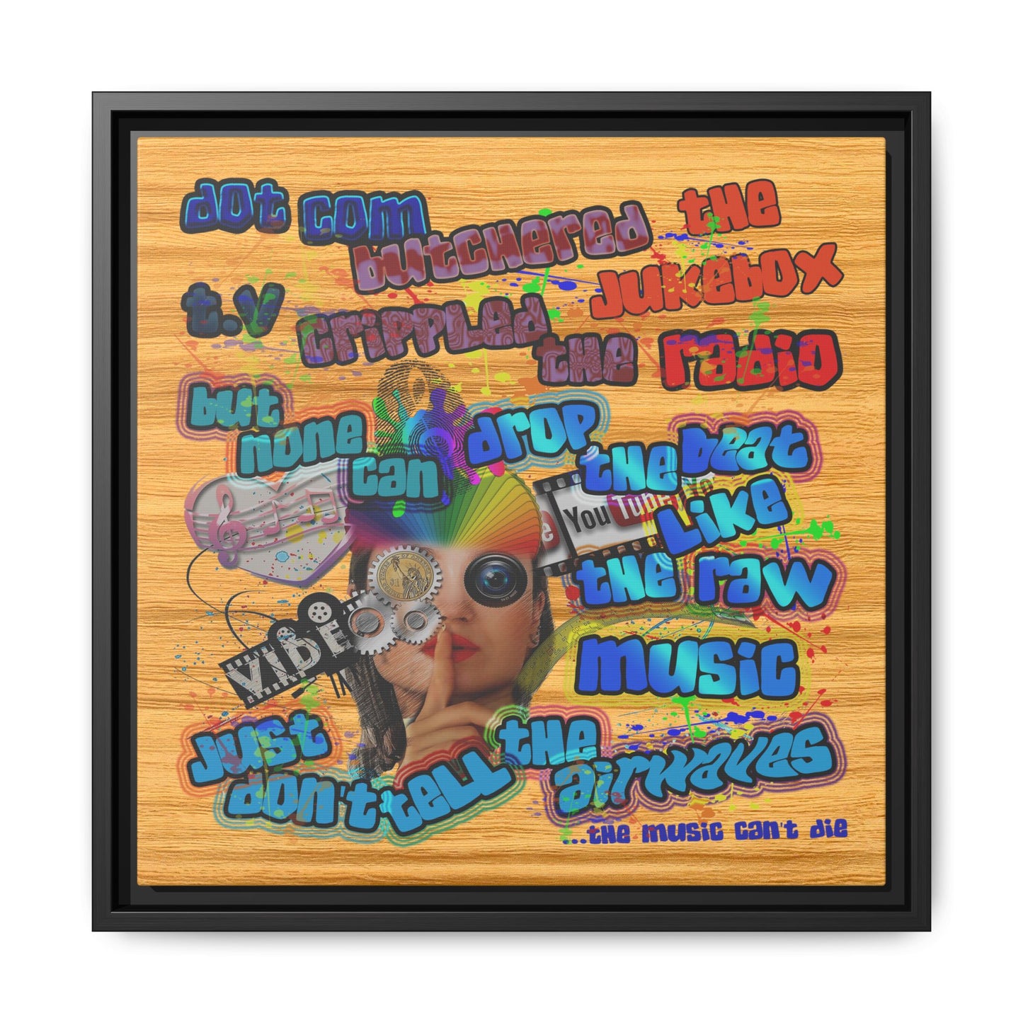 drop the beat - framed canvas art (butterscotch wood finish)