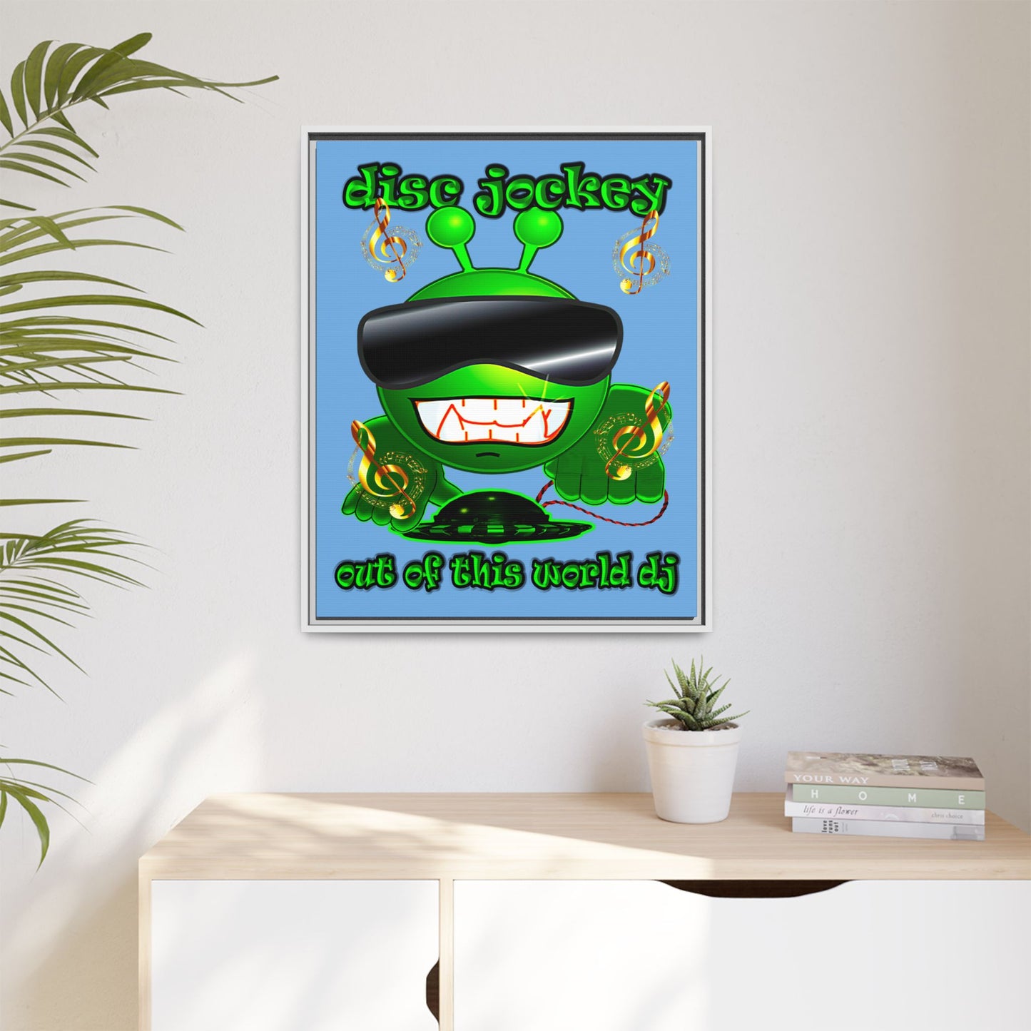 disc jockey - framed canvas art (light blue)