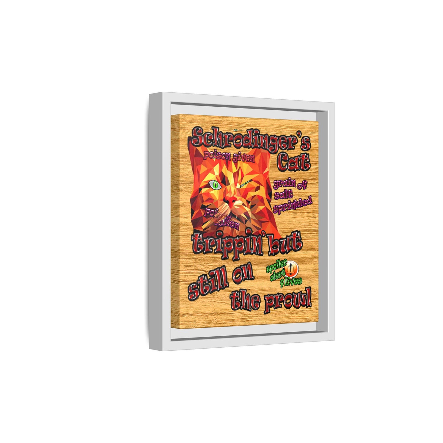 schrodinger's cat - framed canvas art (butterscotch wood finish)