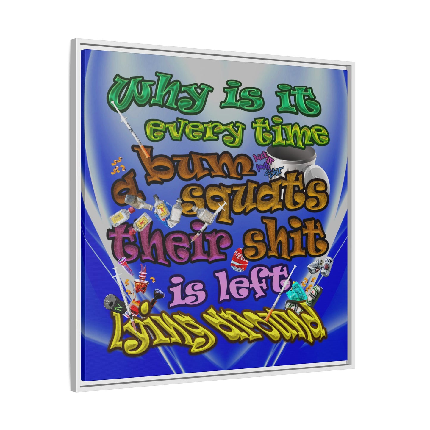 the bum's shit - framed canvas art (blue-white wave)