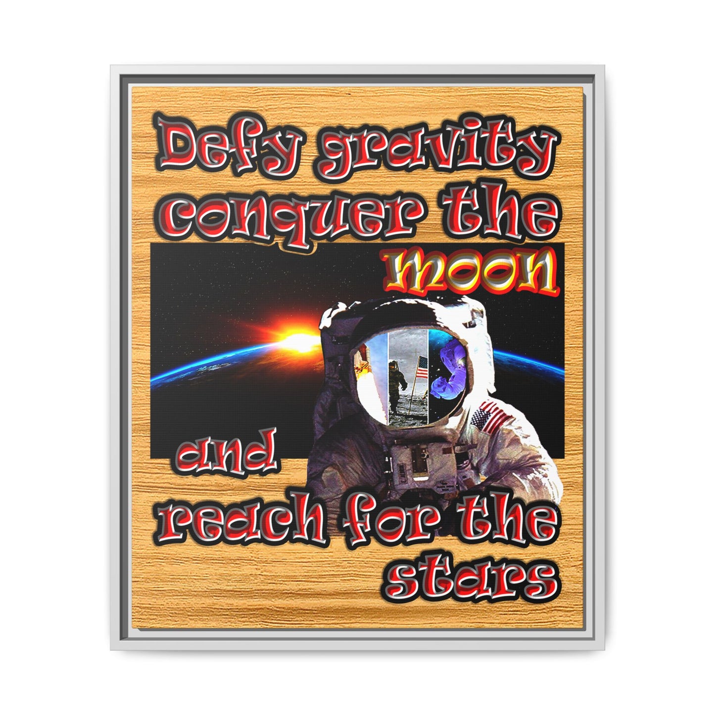 defy conquer reach - framed canvas art (butterscotch wood finish)