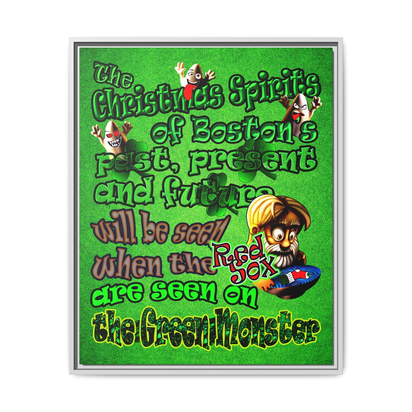 christmas spirits of boston - framed canvas art (green turf)
