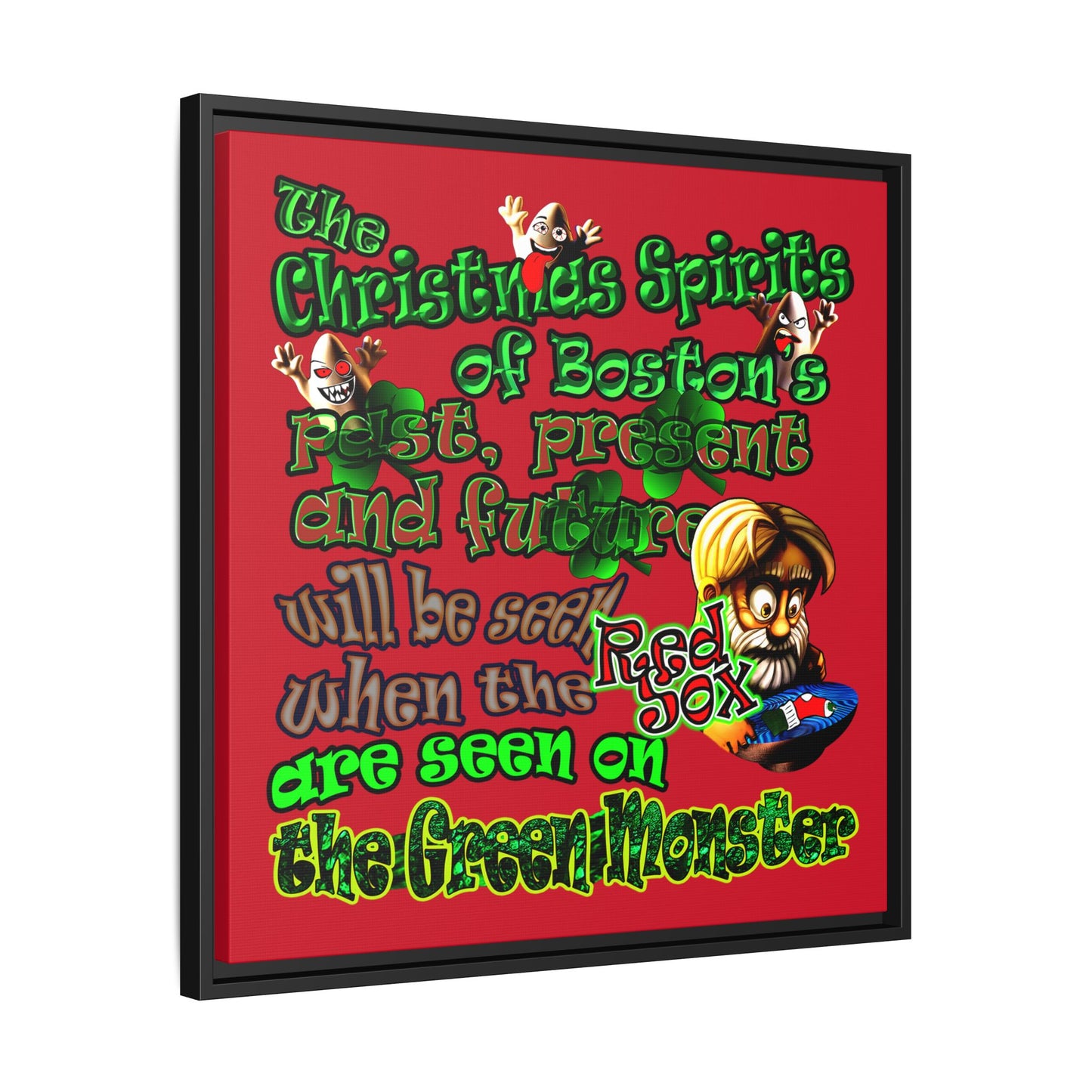 christmas spirits of boston - framed canvas art (dark red)