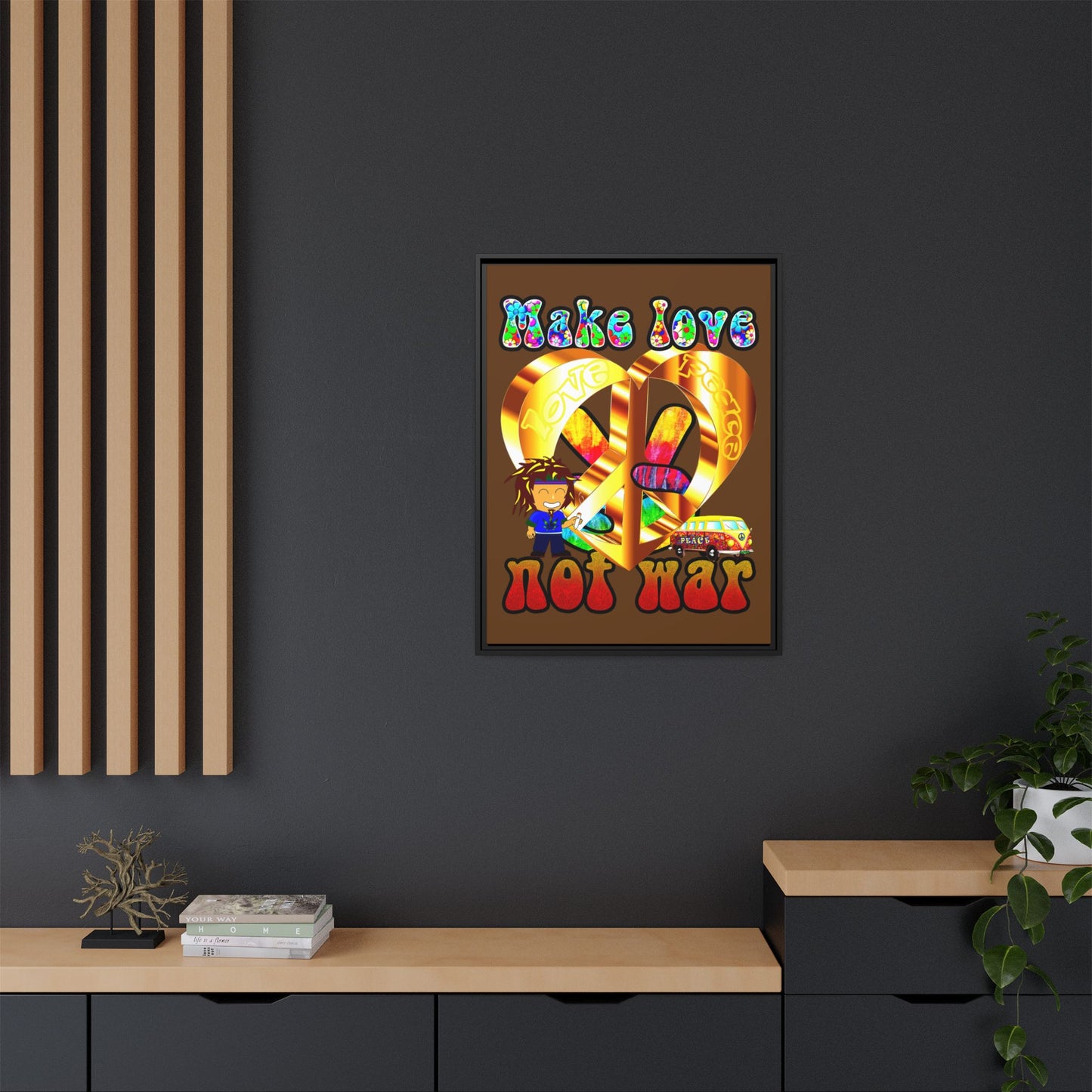 love peace - framed canvas art (brown)