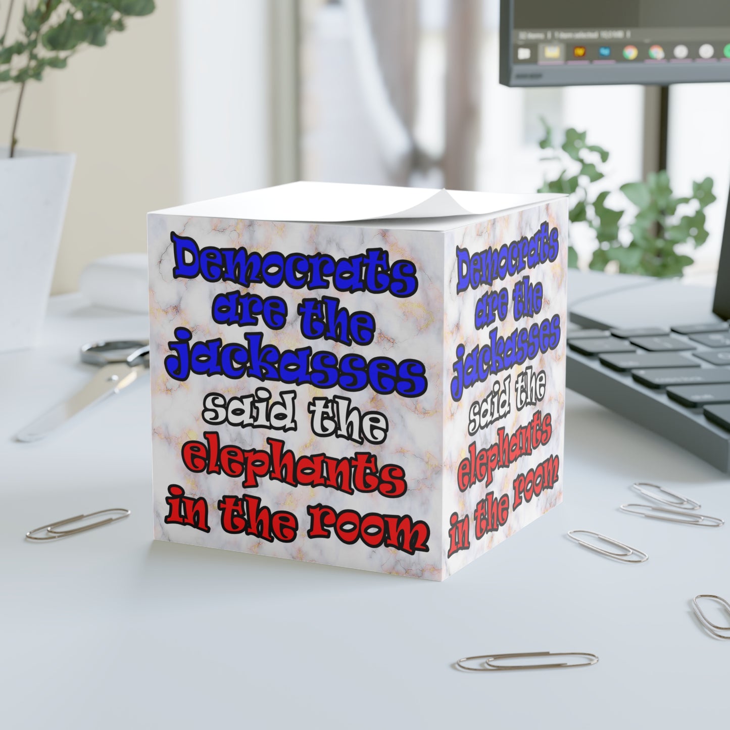 donkeys and elephants - note cube (white marble)