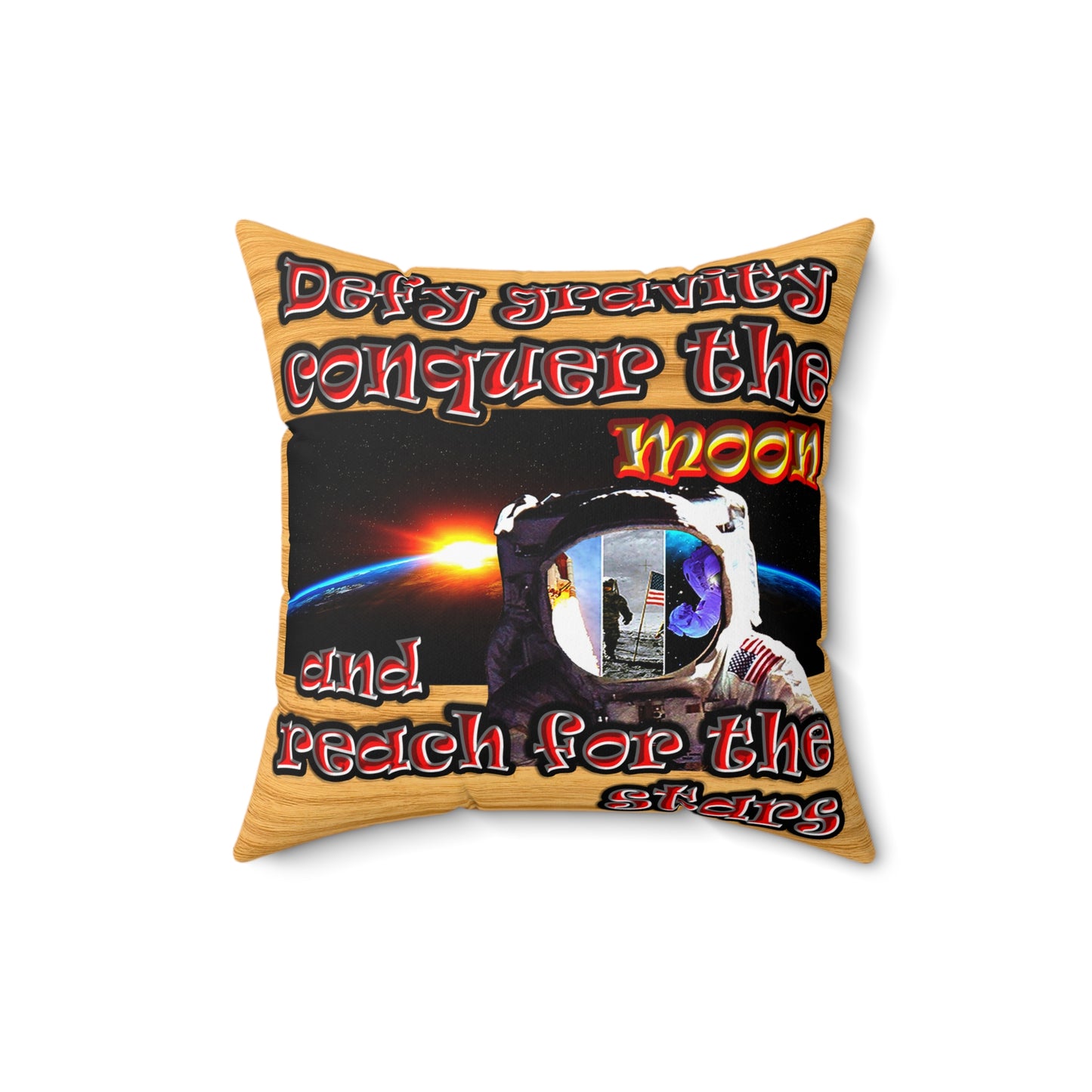 defy conquer reach - Spun Polyester Square Pillow - (butterscotch wood finish)