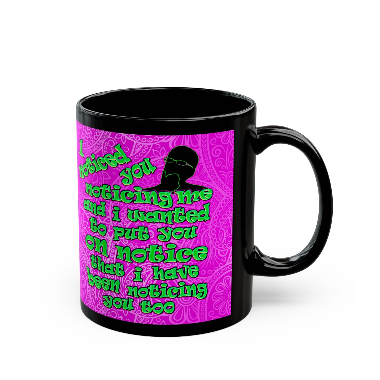 noticed you noticing - Black Mug (pink swirl)