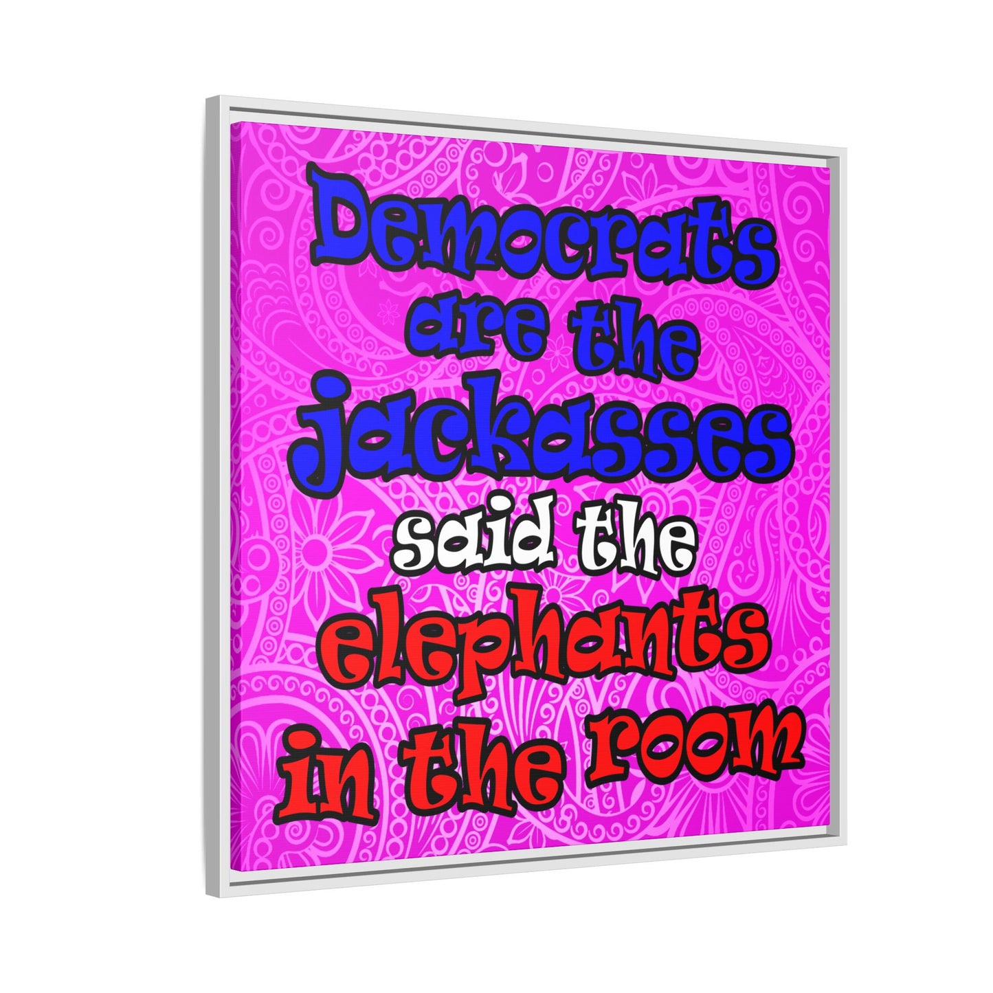 donkeys and elephants - framed canvas art (pink swirl)
