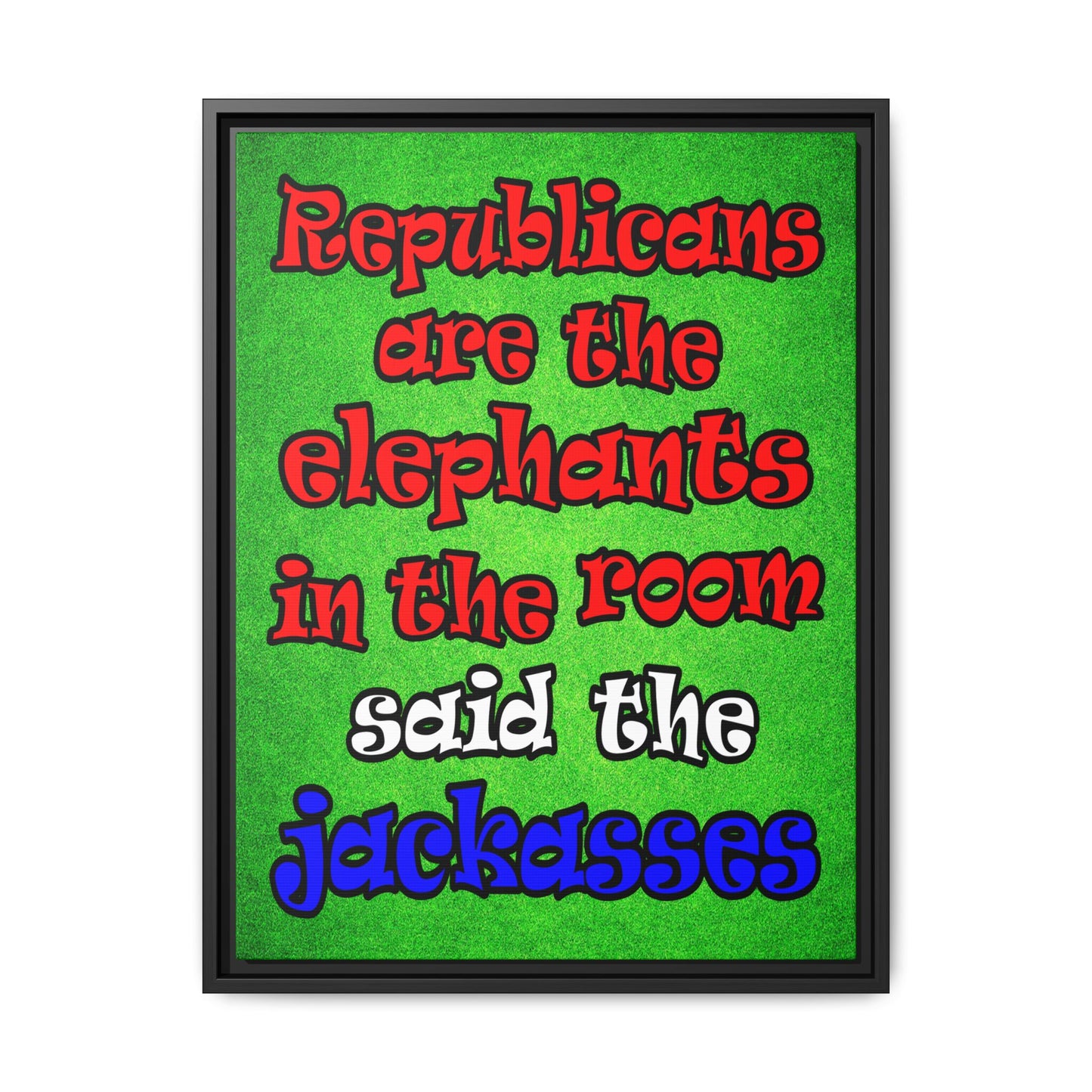 donkeys and elephants - framed canvas art (green turf)
