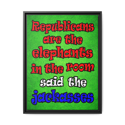 donkeys and elephants - framed canvas art (green turf)