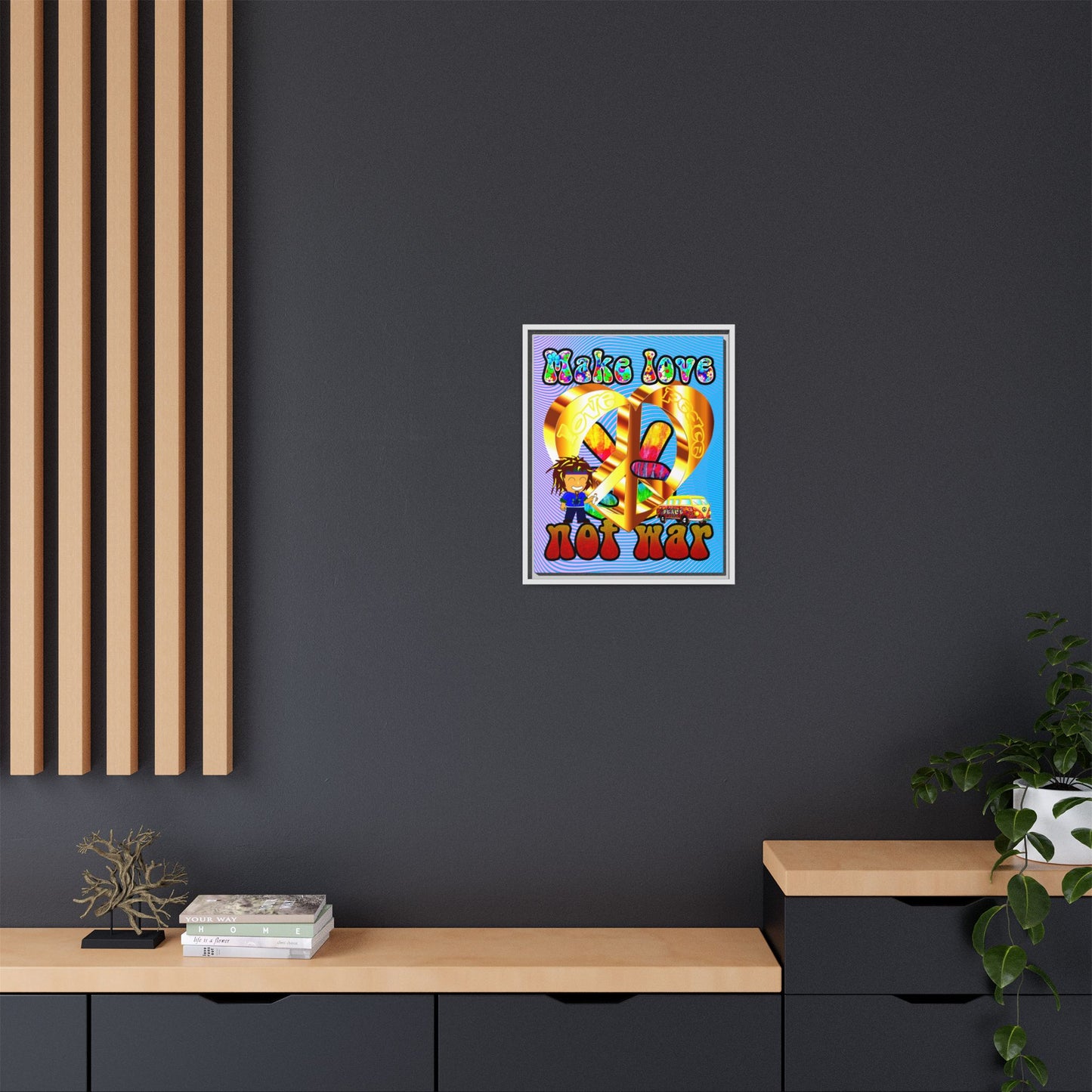 love peace - framed canvas art (light blue-purple wave)