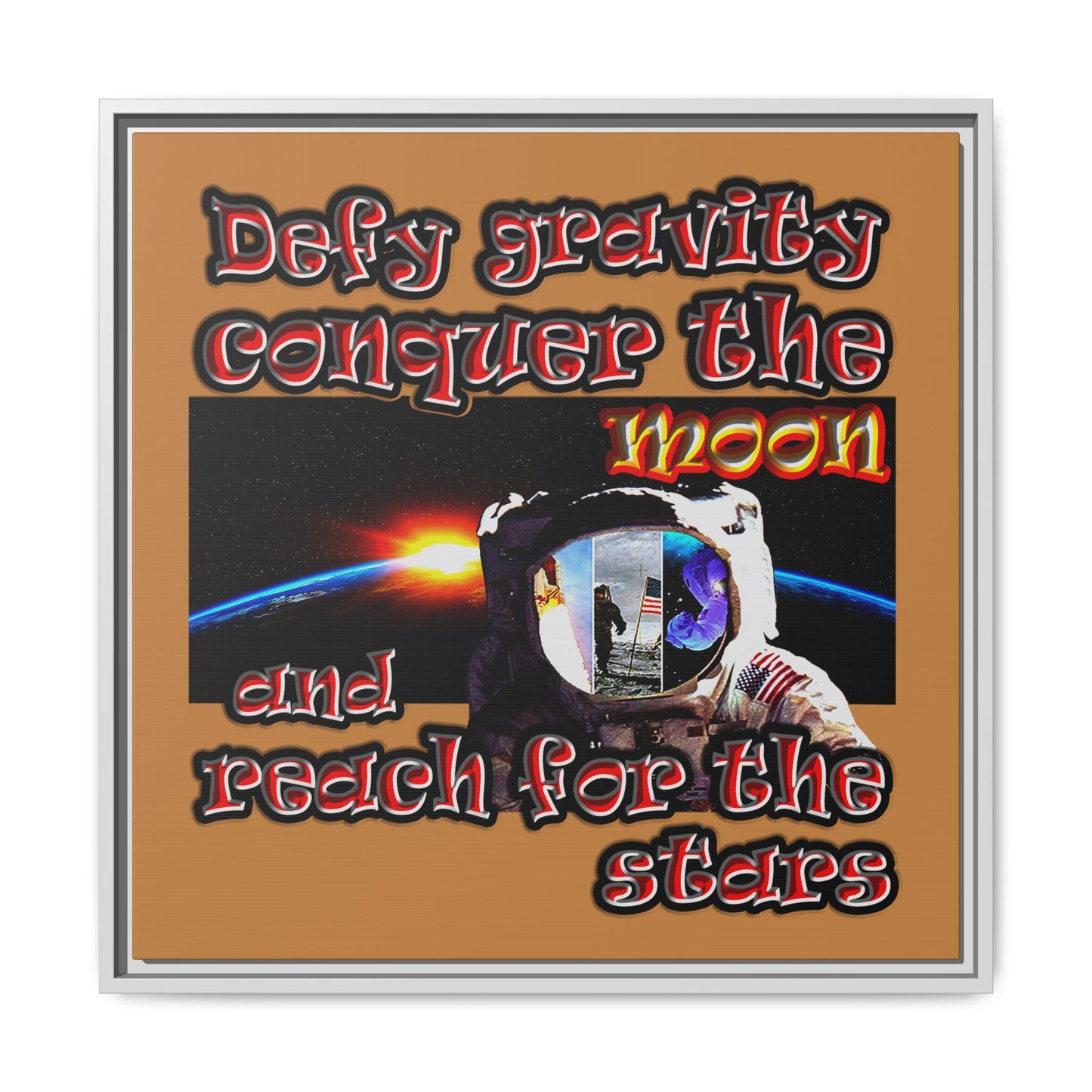 defy conquer reach - framed canvas art (light brown)