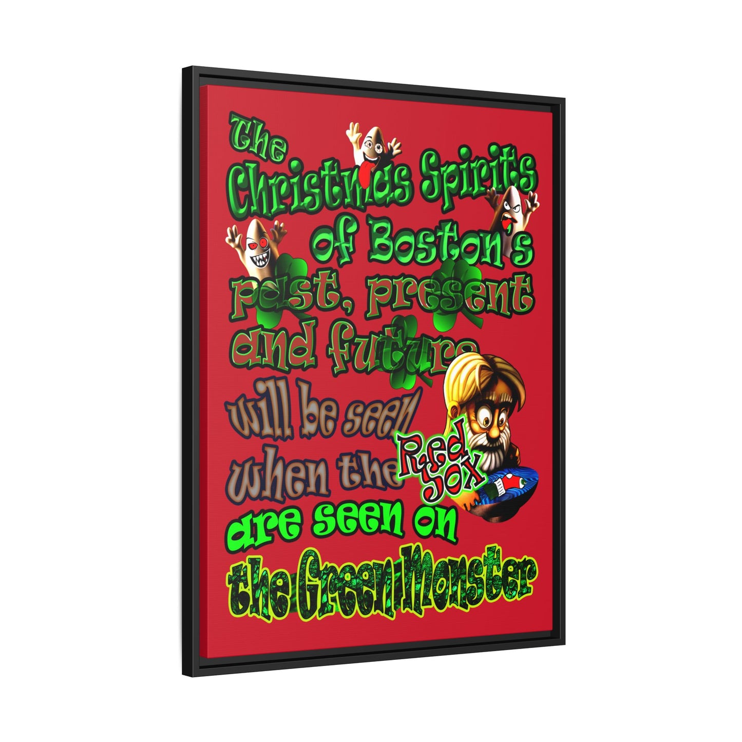 christmas spirits of boston - framed canvas art (dark red)