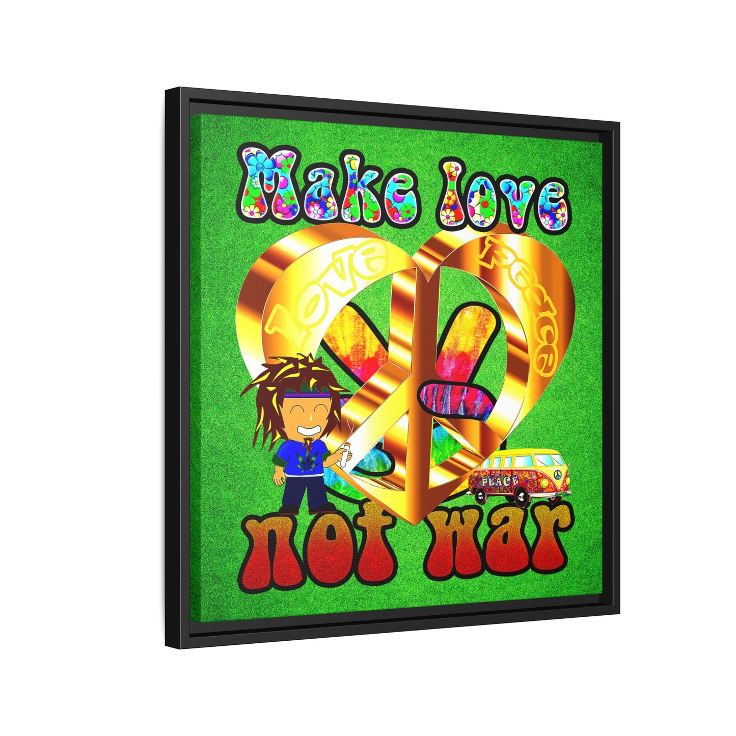 love peace - framed canvas art (green turf)