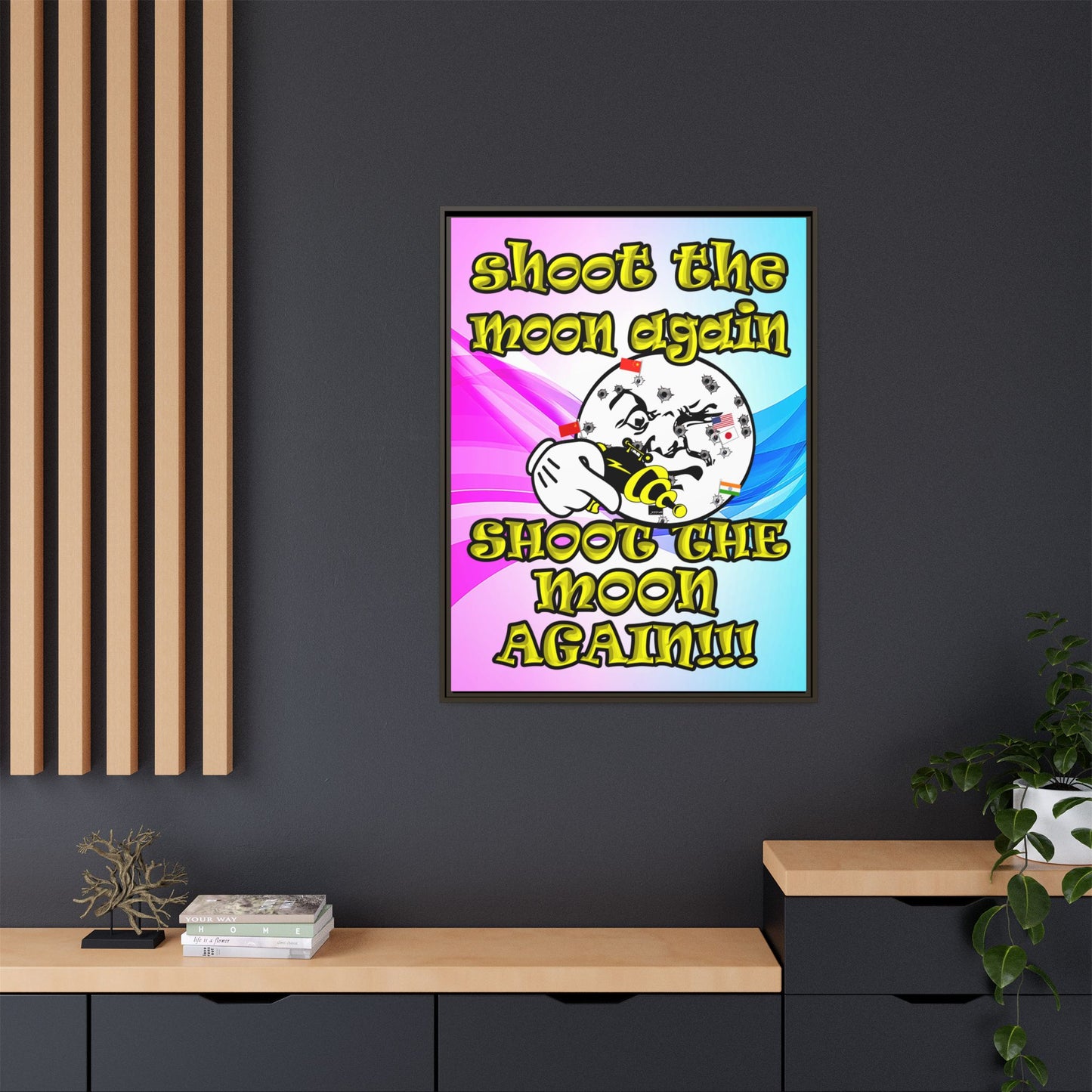shoot the moon again - framed canvas art (light blue-pink wave)