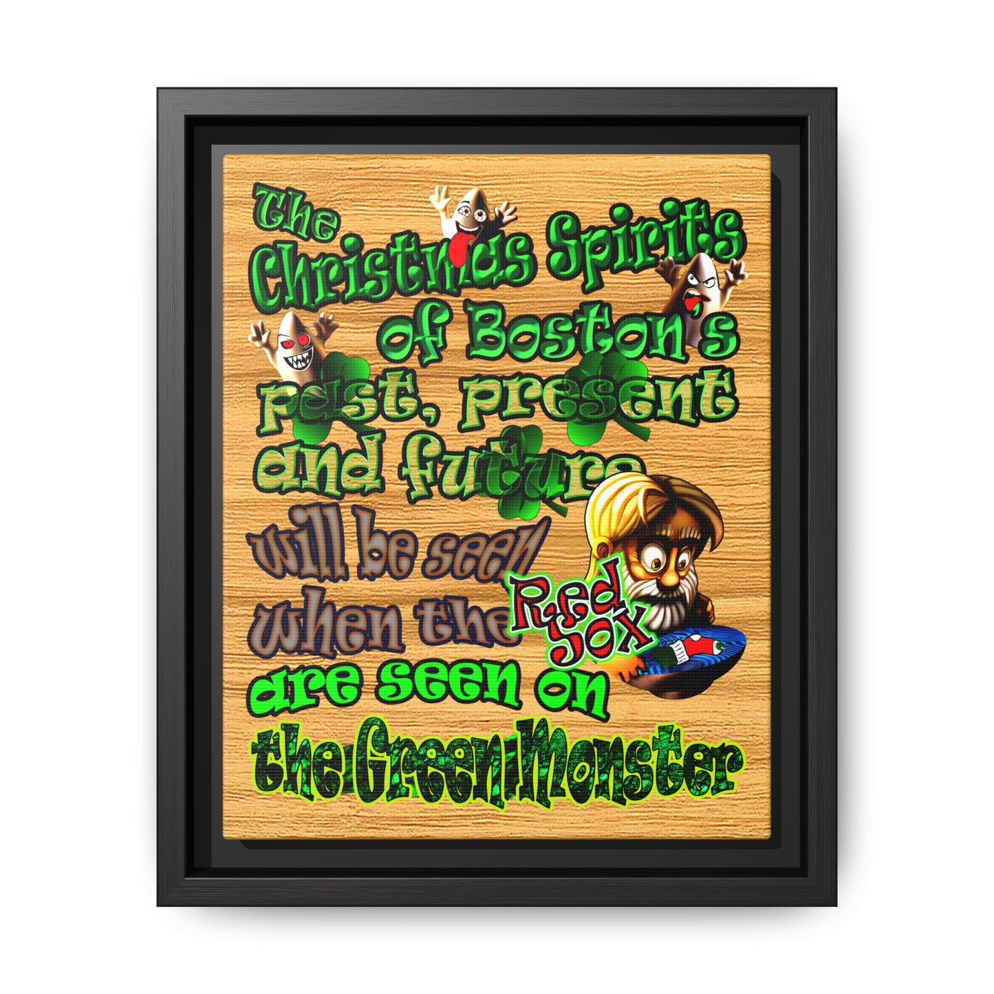christmas spirits of boston - framed canvas art (butterscotch wood finish)