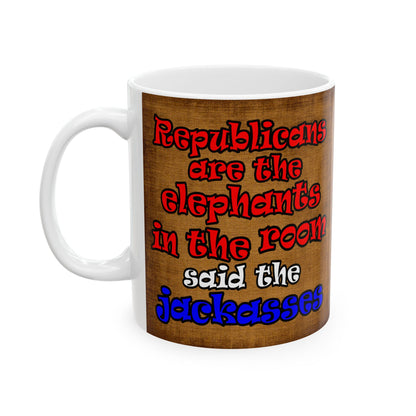 donkeys and elephants - White Mug (brown papyrus)