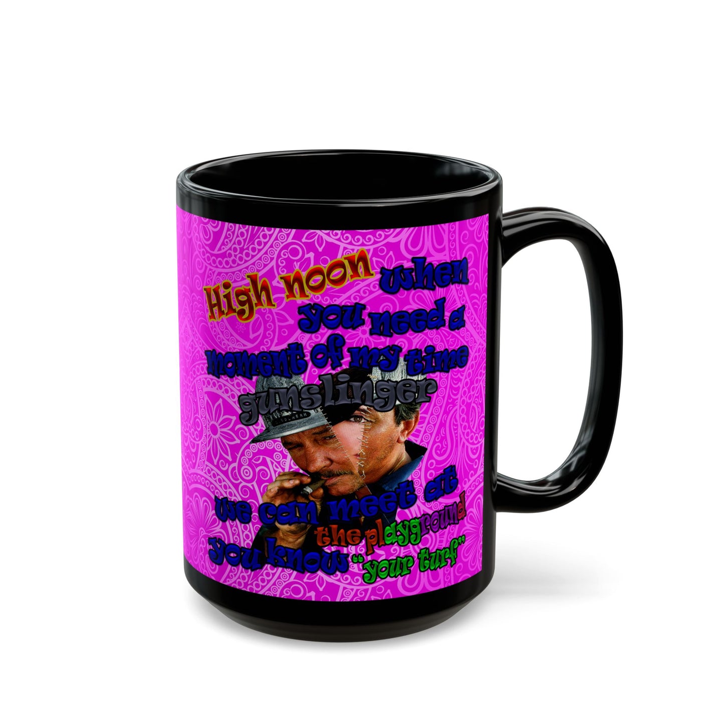 high noon - Black Mug (pink swirl)