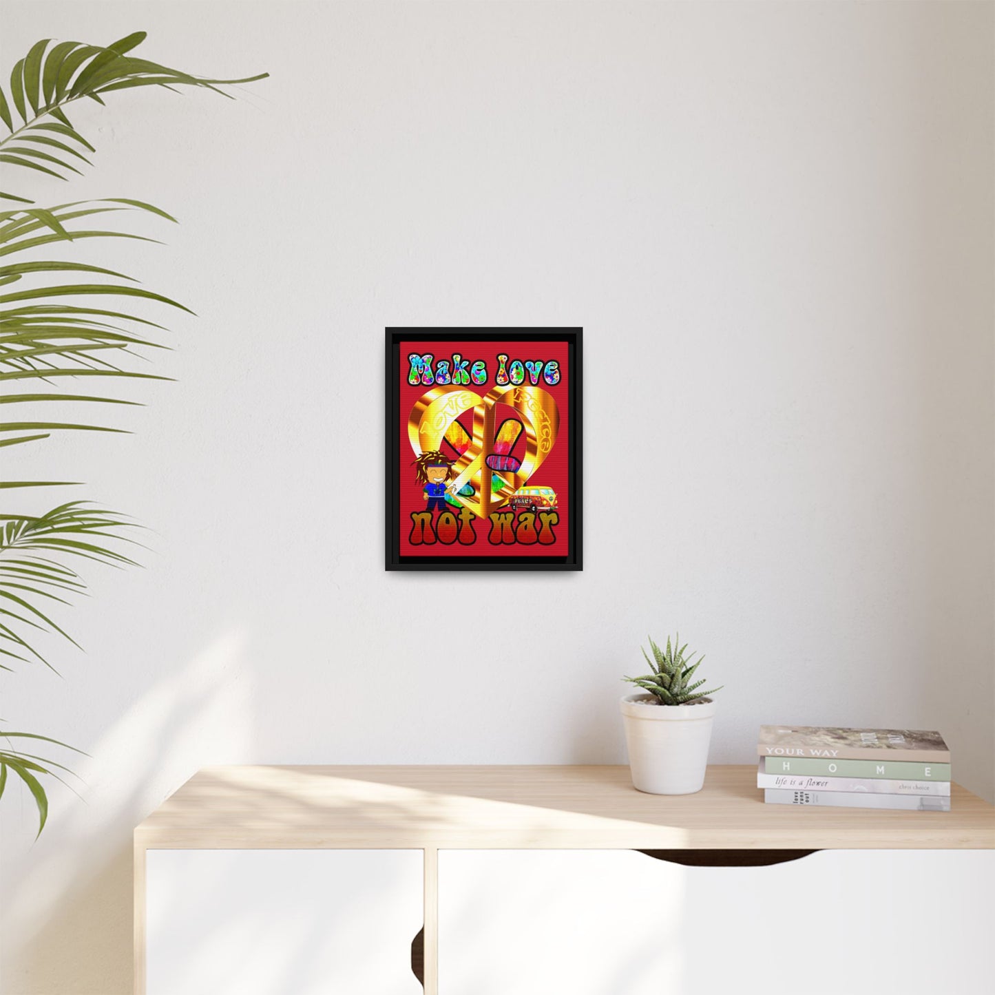 love peace - framed canvas art (dark red)