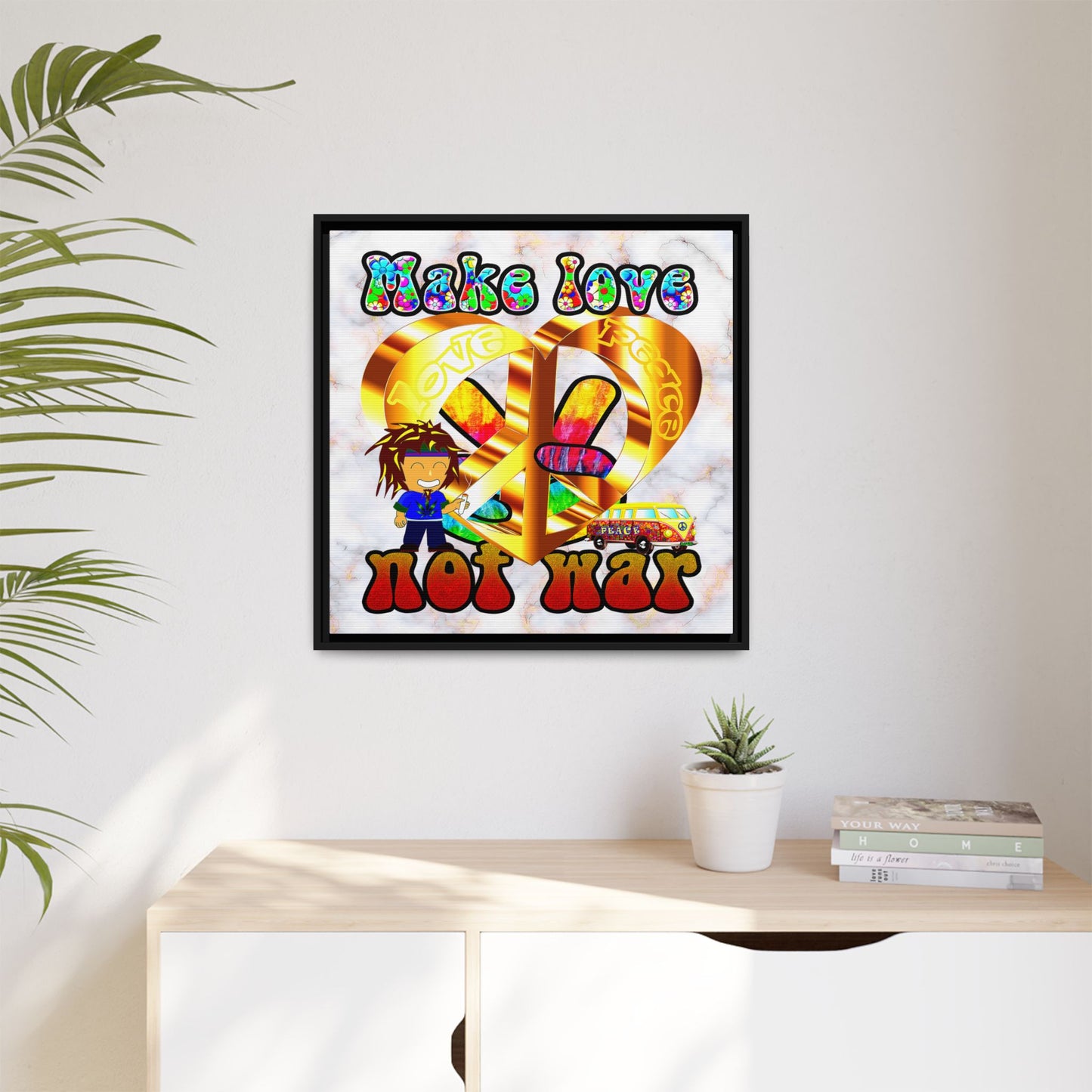 love peace - framed canvas art (white marble)