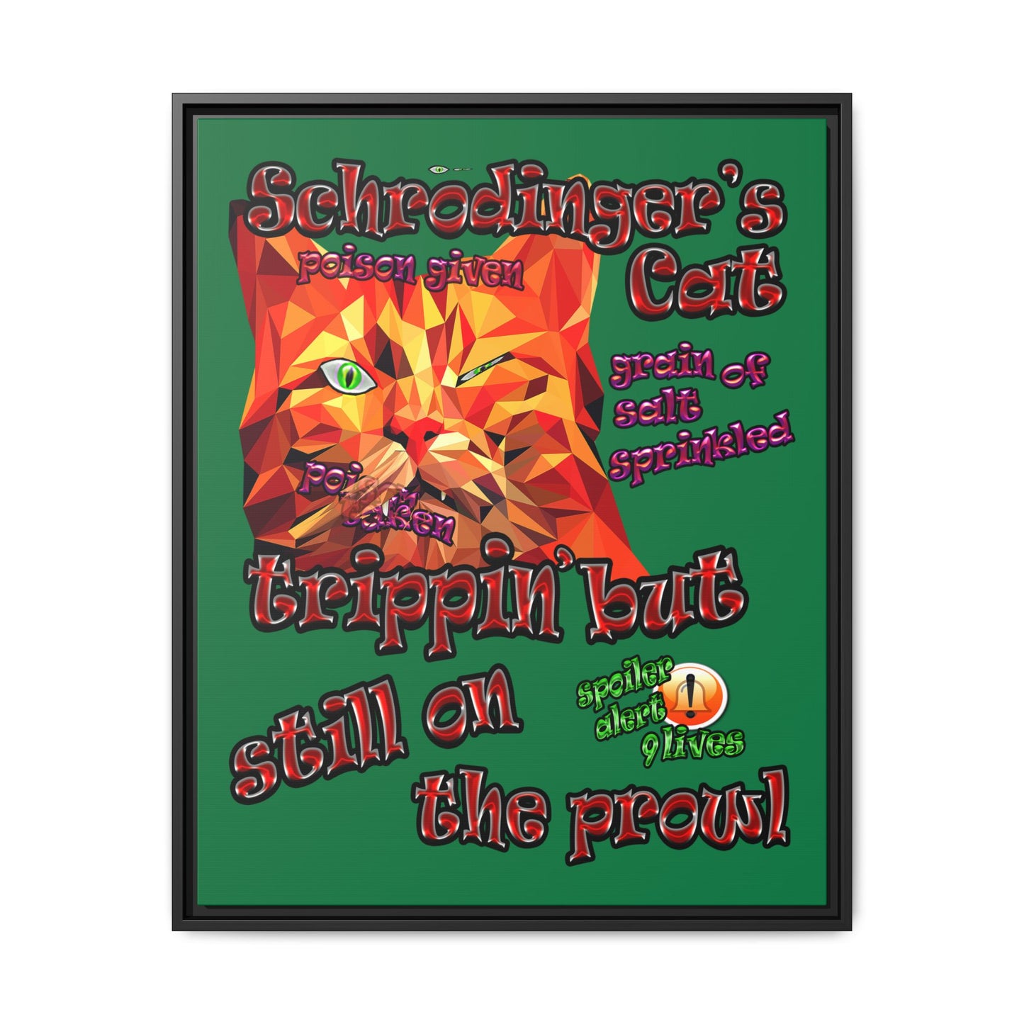 schrodinger's cat - framed canvas art (dark green)