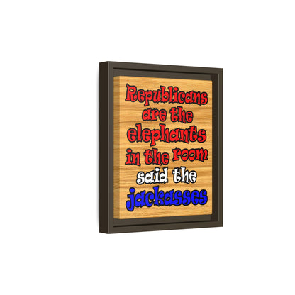 donkeys and elephants - framed canvas art (butterscotch wood finish)