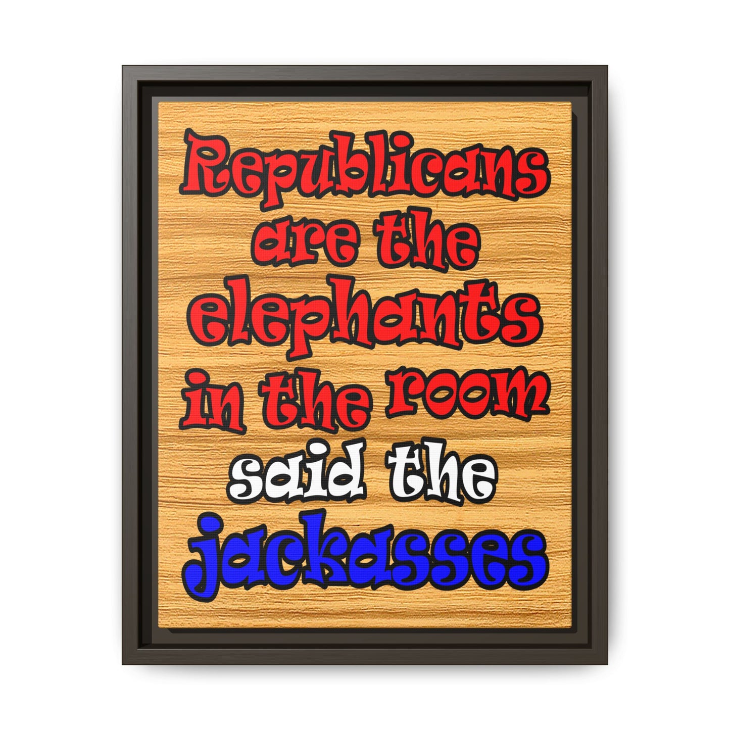 donkeys and elephants - framed canvas art (butterscotch wood finish)