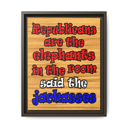 donkeys and elephants - framed canvas art (butterscotch wood finish)
