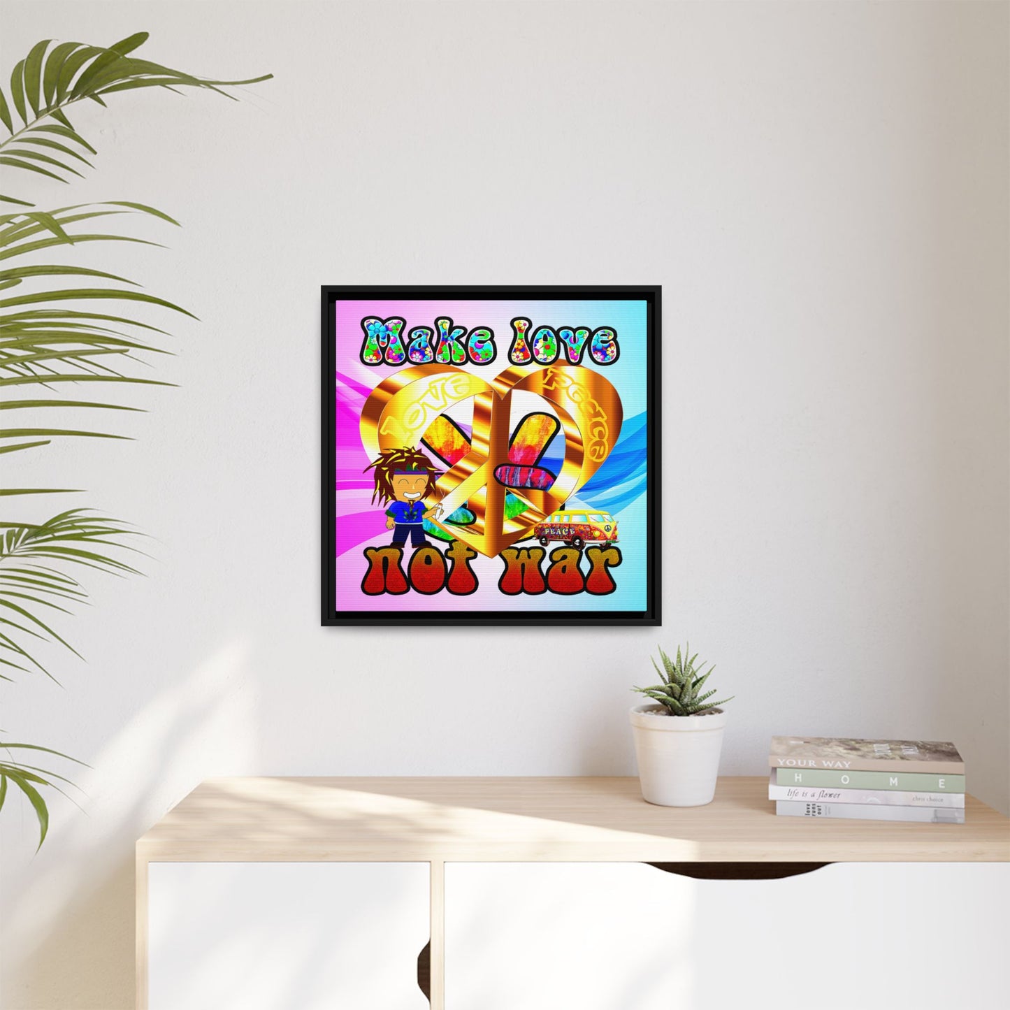 love peace - framed canvas art (light blue-pink wave)