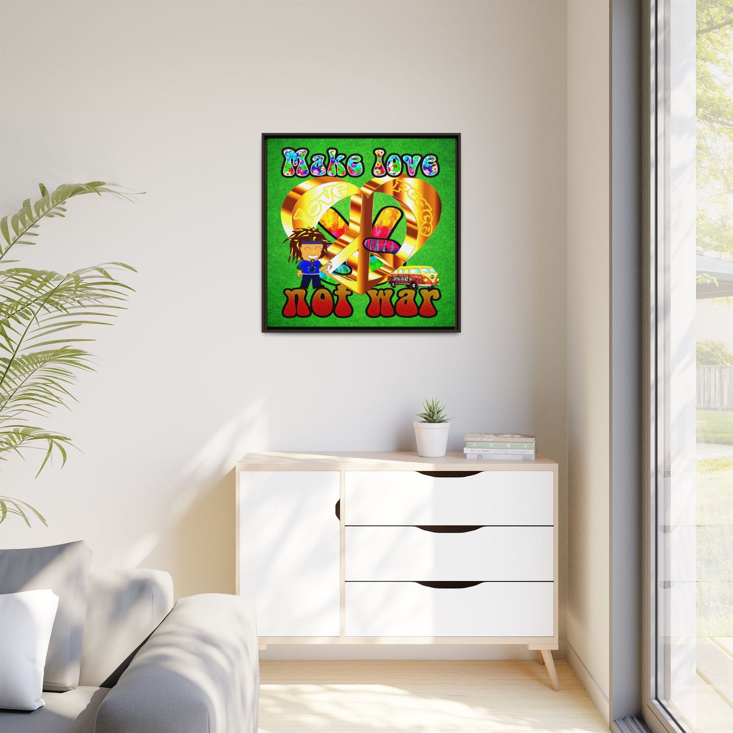 love peace - framed canvas art (green turf)