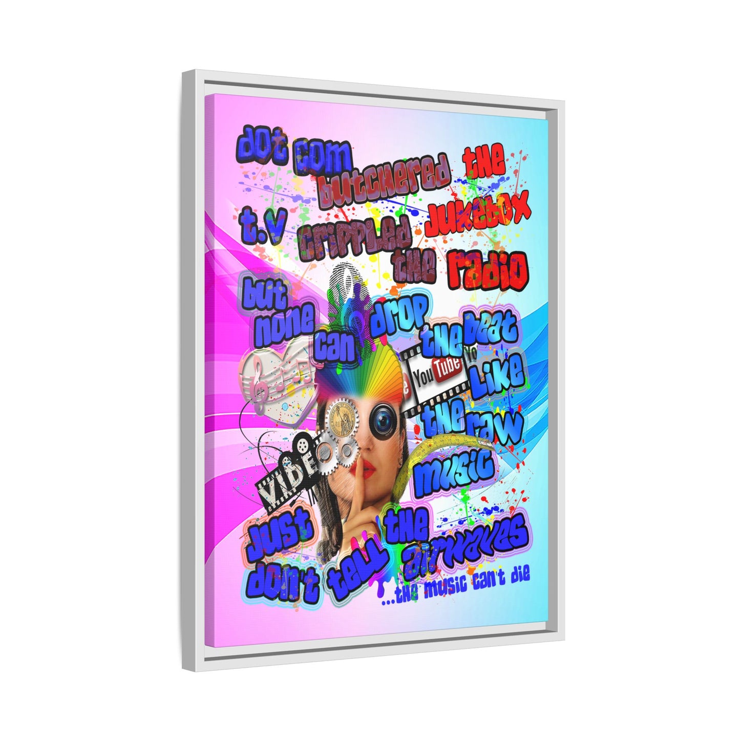 drop the beat - framed canvas art (light blue-pink wave)