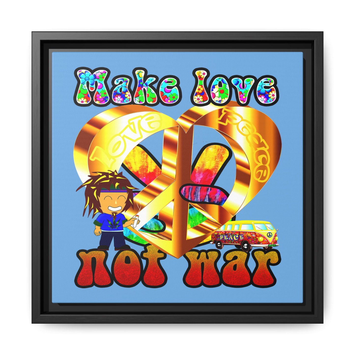 love peace - framed canvas art (light blue)