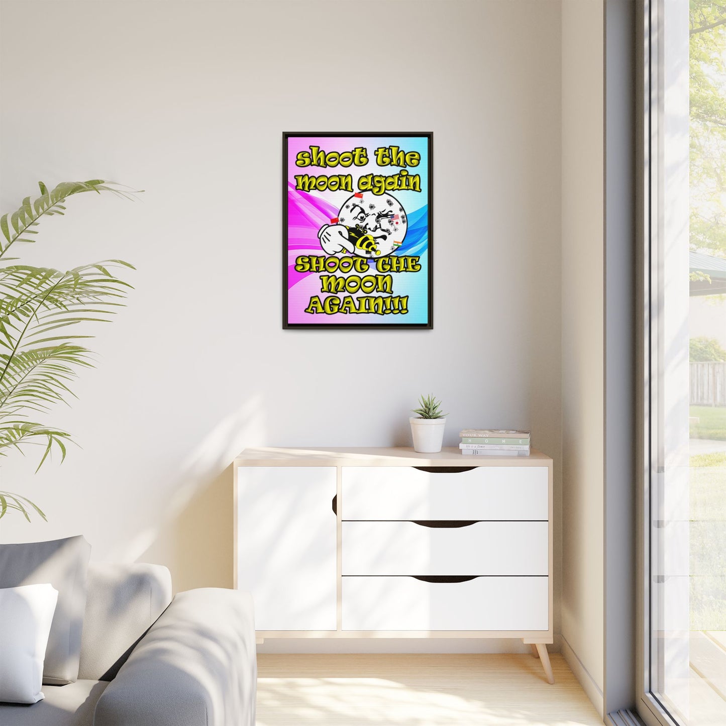 shoot the moon again - framed canvas art (light blue-pink wave)
