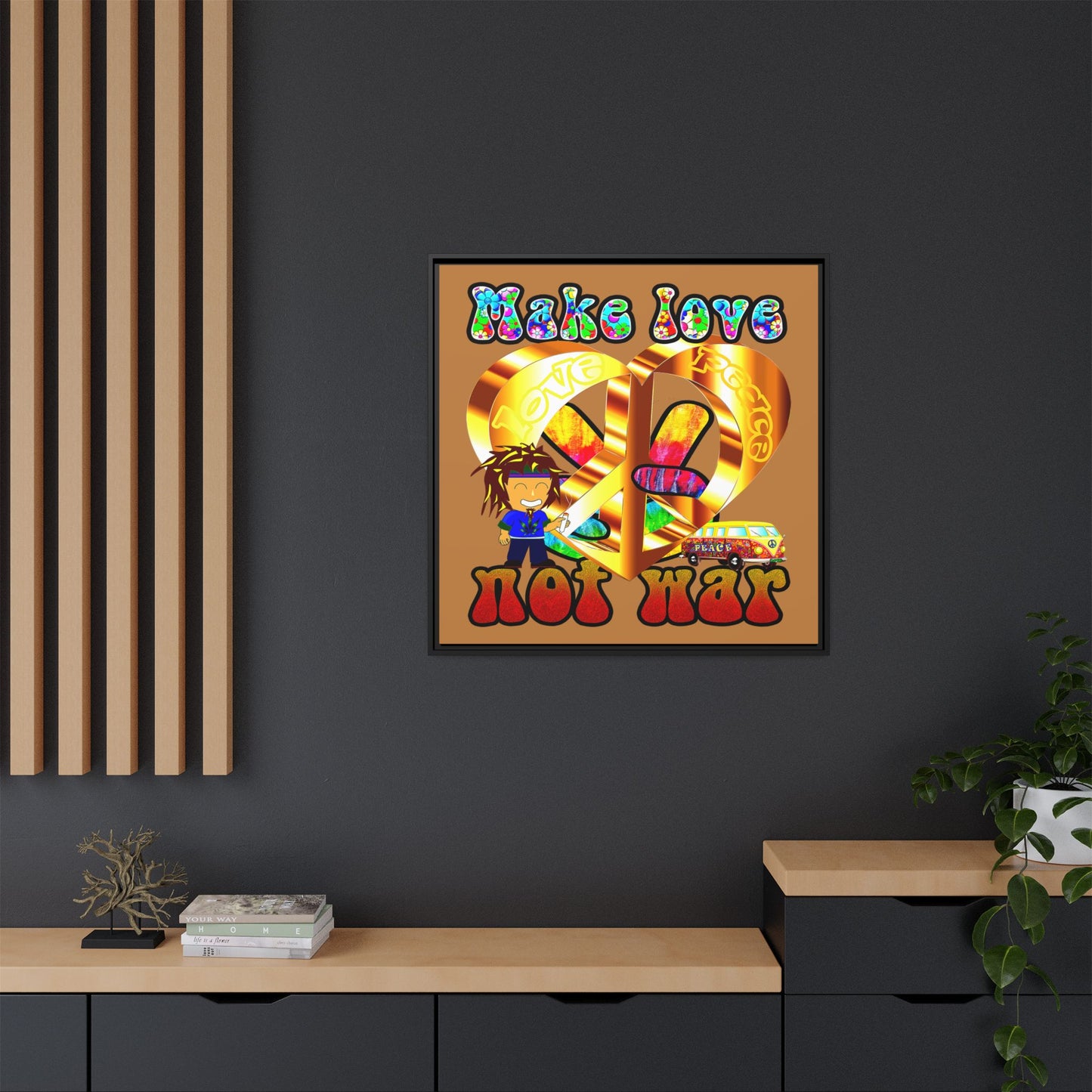love peace - framed canvas art (light brown)