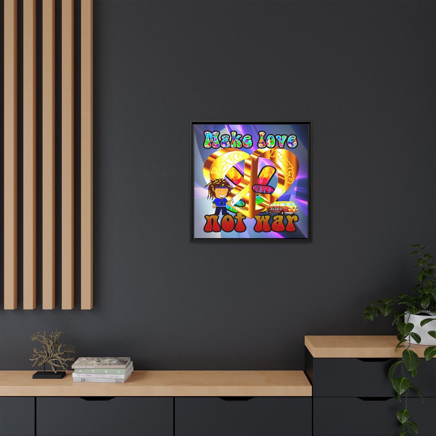 love peace - framed canvas art (grey-pink wave)