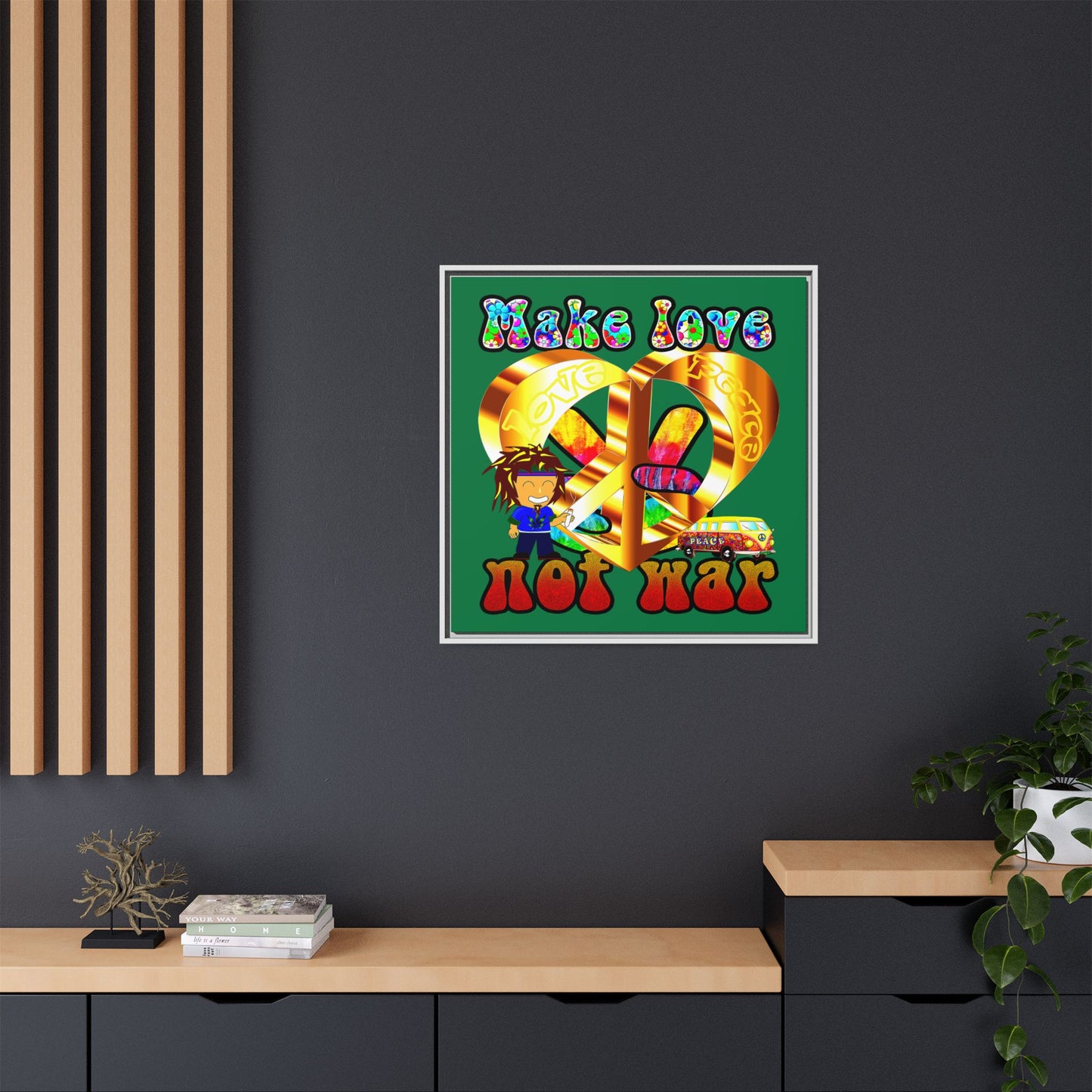 love peace - framed canvas art (dark green)