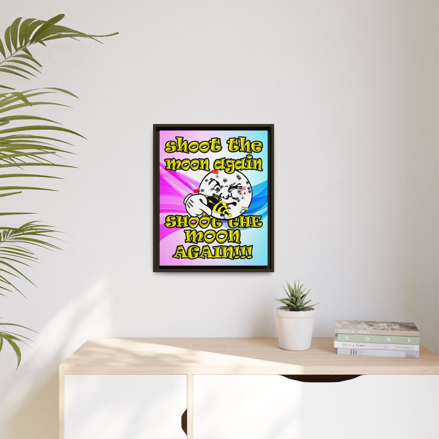 shoot the moon again - framed canvas art (light blue-pink wave)