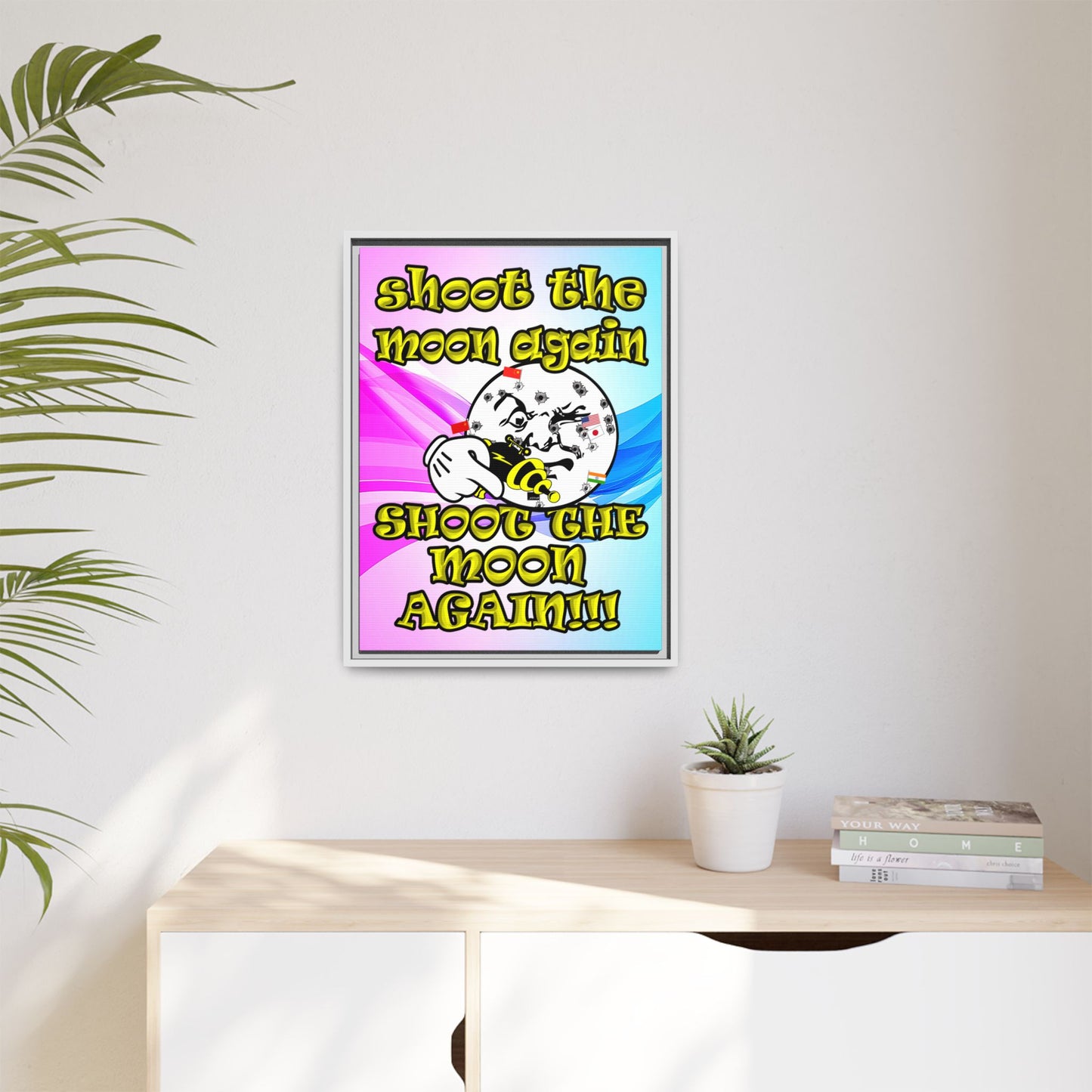 shoot the moon again - framed canvas art (light blue-pink wave)