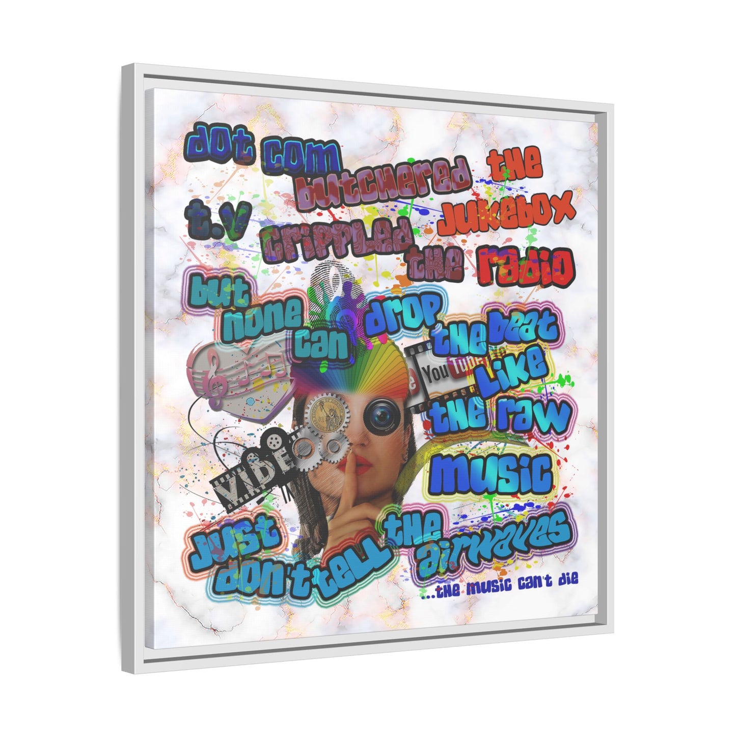 drop the beat - framed canvas art (white marble)
