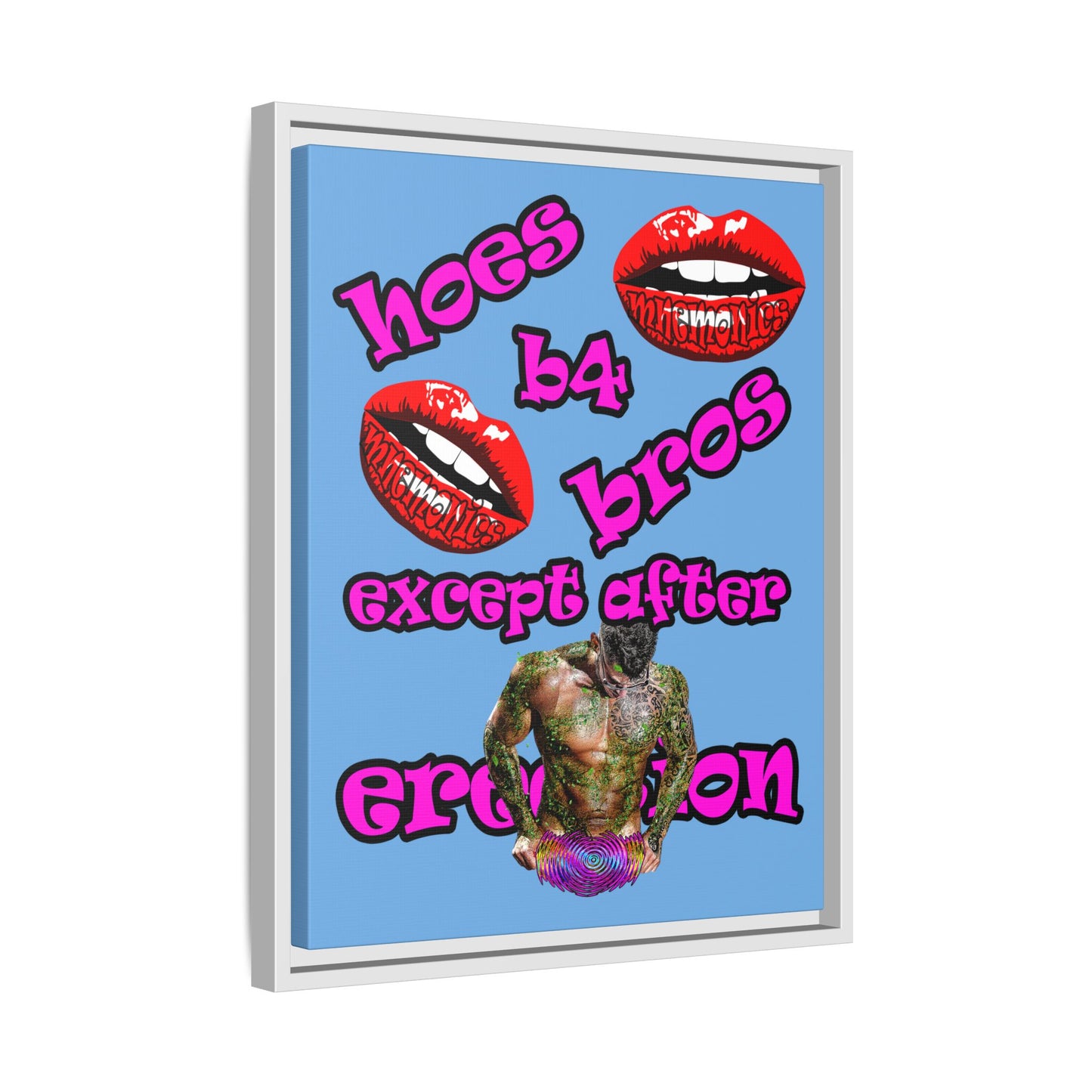hoes b4 bros - framed canvas art (light blue)