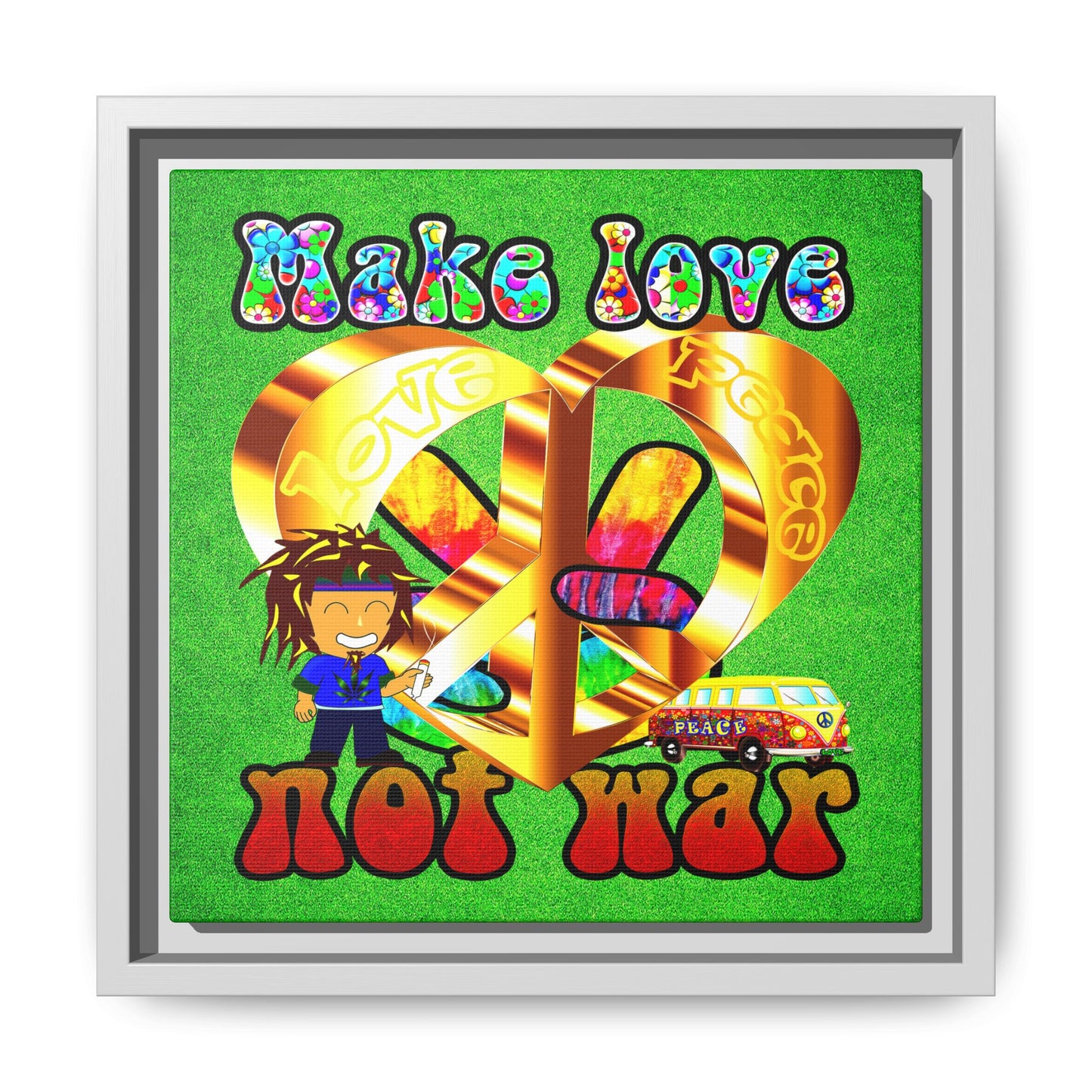 love peace - framed canvas art (green turf)