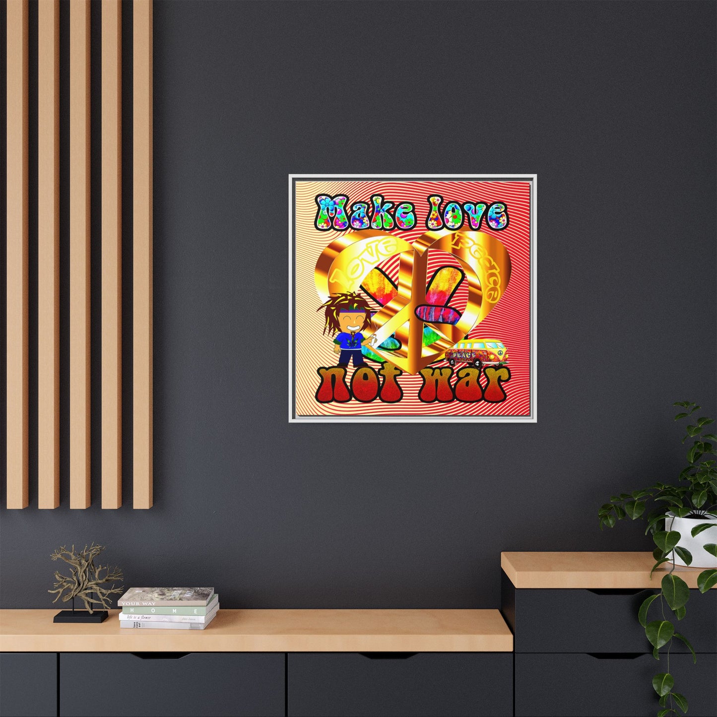 love peace - framed canvas art (yellow-orange wave)