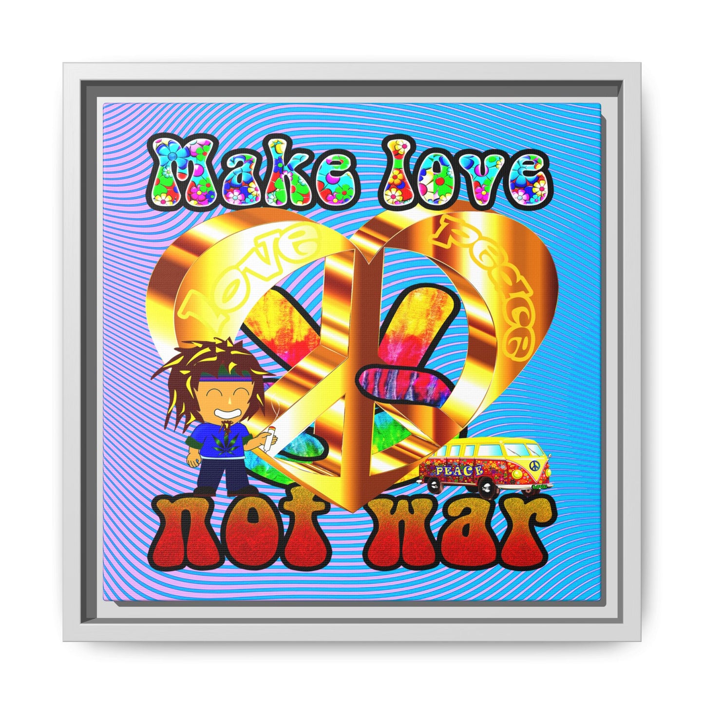 love peace - framed canvas art (light blue-purple wave)