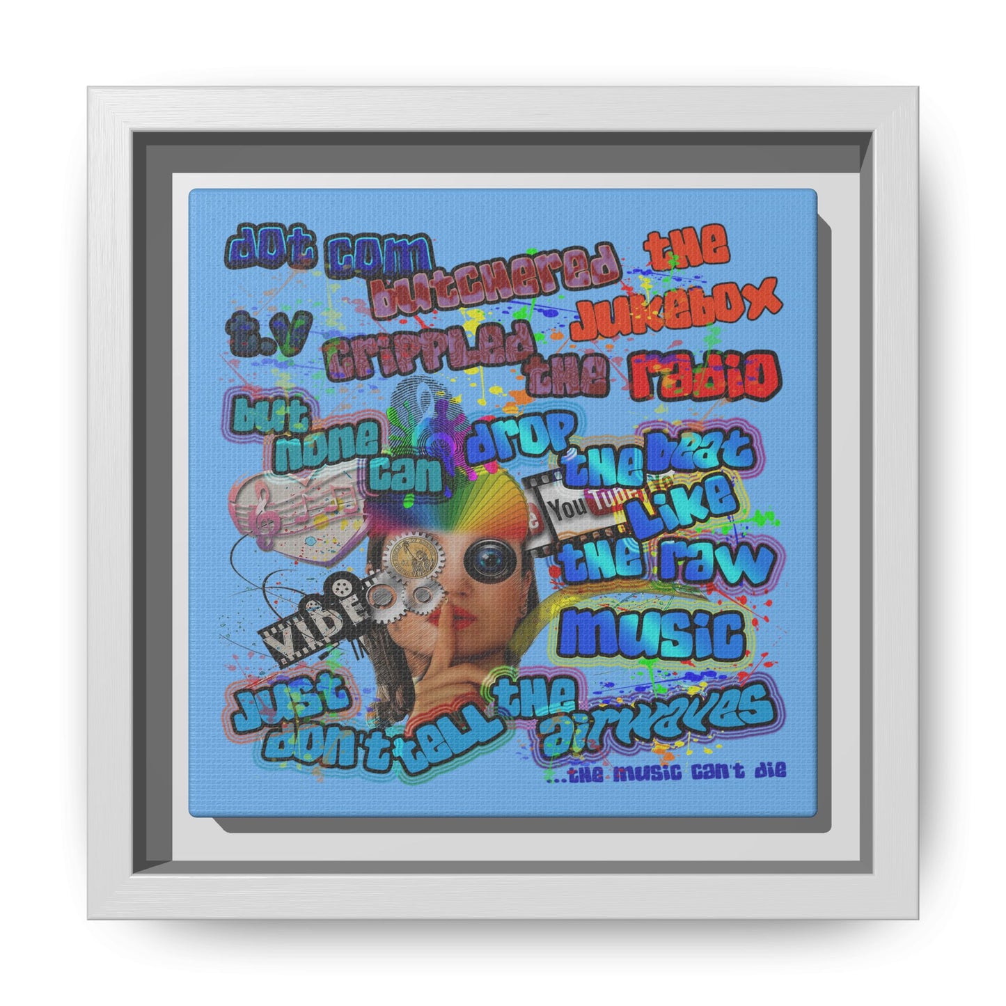 drop the beat - framed canvas art (light blue)