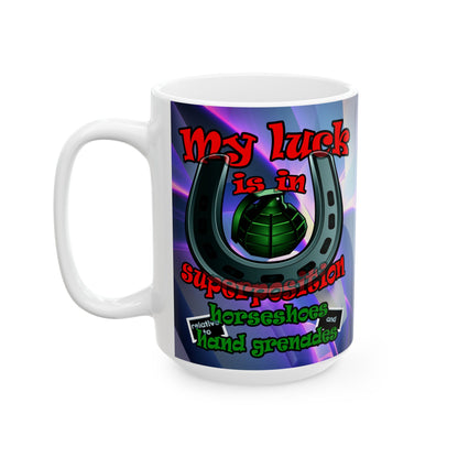 my luck - White Mug (grey-pink wave)