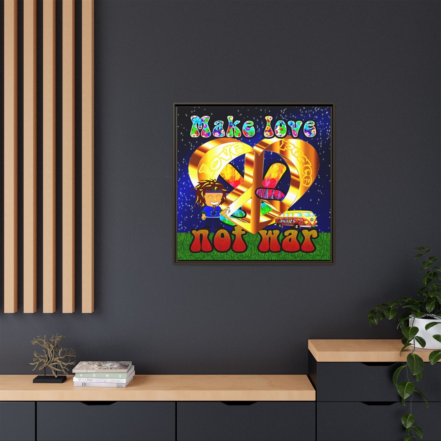 love peace - framed canvas art ('snoops' background)