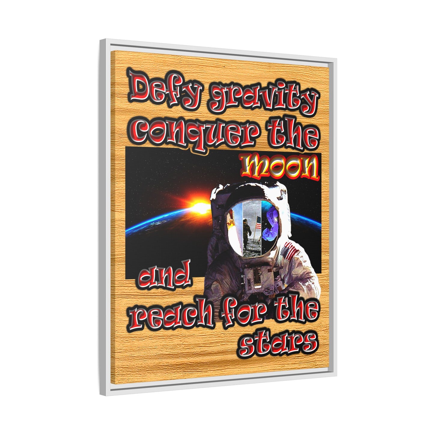 defy conquer reach - framed canvas art (butterscotch wood finish)