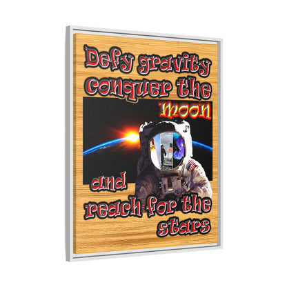 defy conquer reach - framed canvas art (butterscotch wood finish)