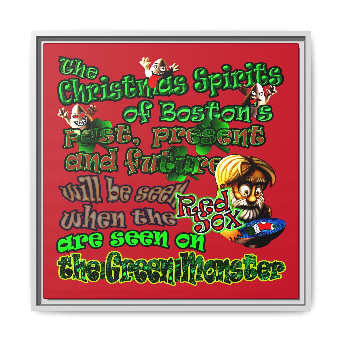 christmas spirits of boston - framed canvas art (dark red)