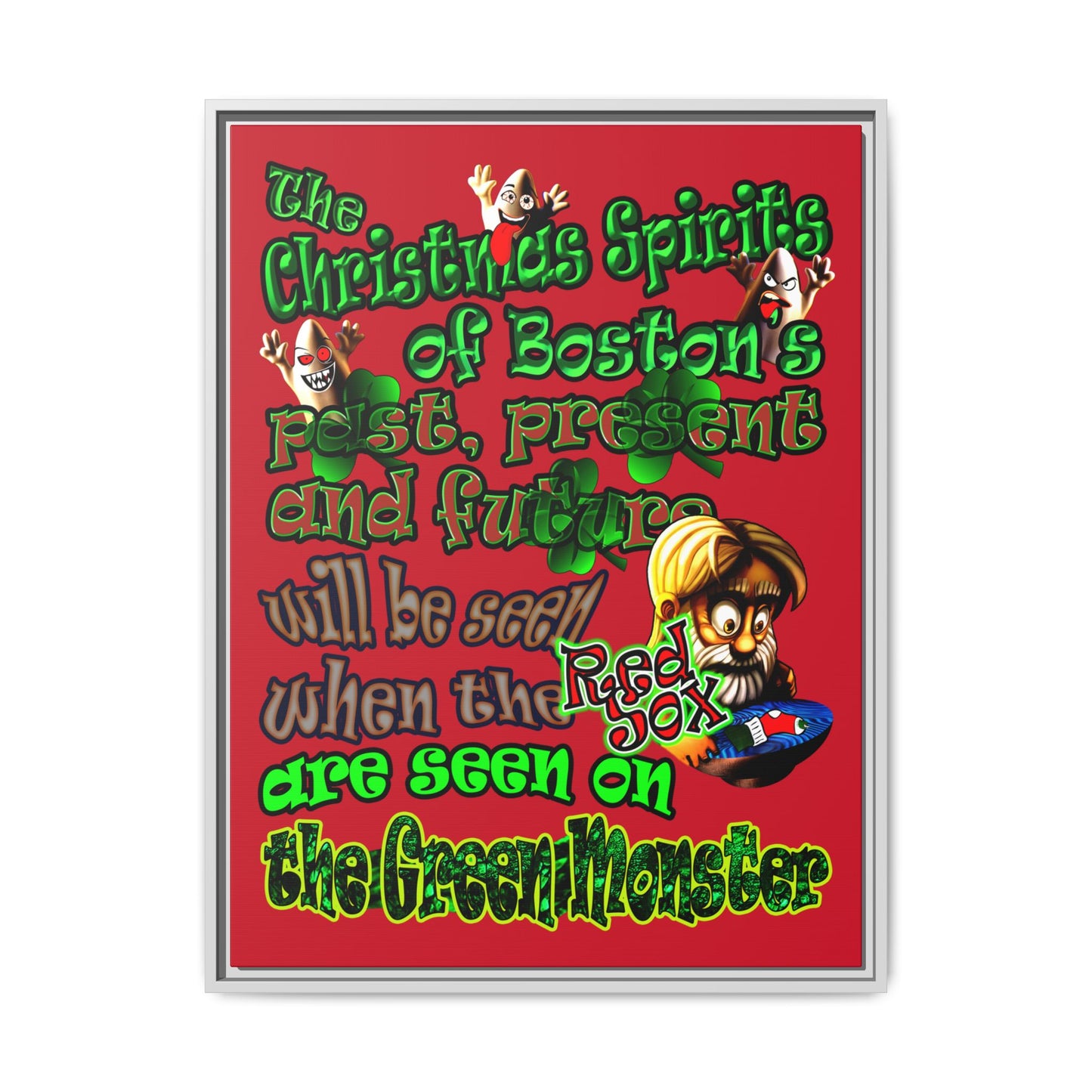 christmas spirits of boston - framed canvas art (dark red)